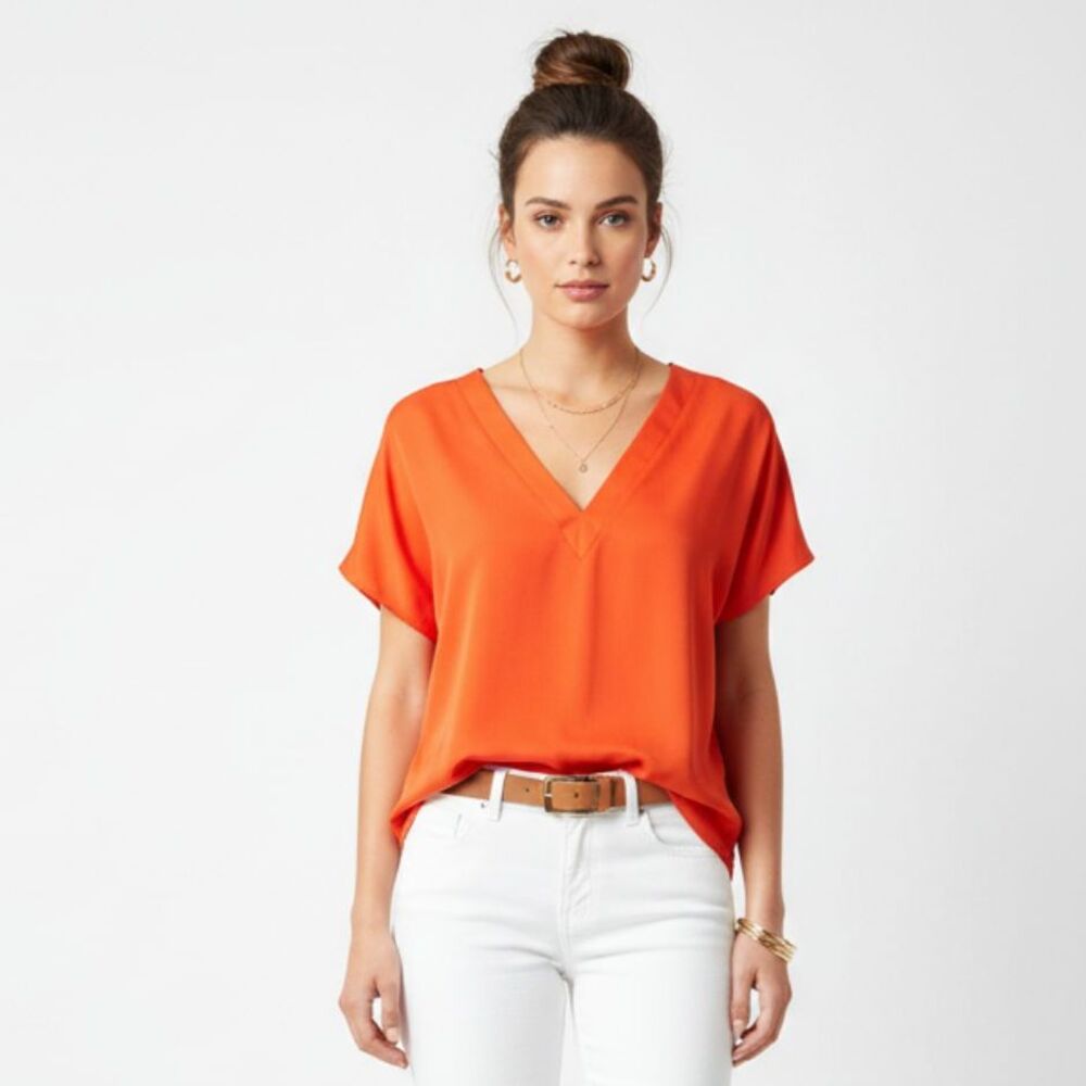 DKNY Orange V Neck‎ Short Sleeve Blouse Top NEW L